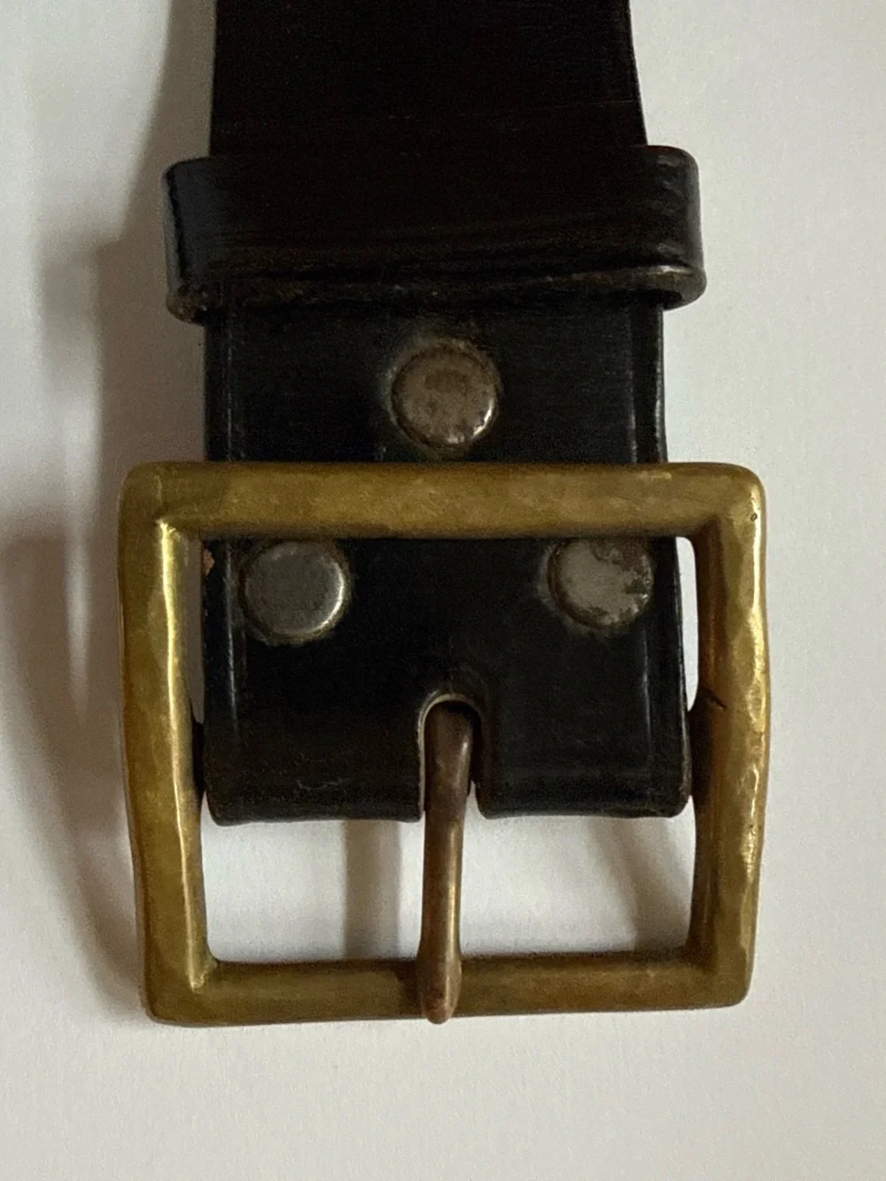 Vintage 90s Black Leather Belt with Hand Forged Square Brass Buckle